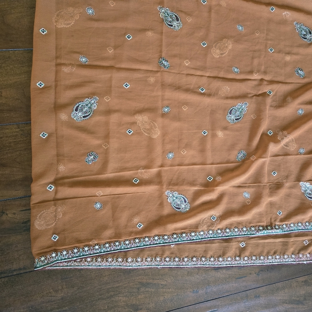 Embroidered Salwar Kameez Dupatta Long Scarf Cotton Silk Brown Party Wear Dress - Picture 11 of 13